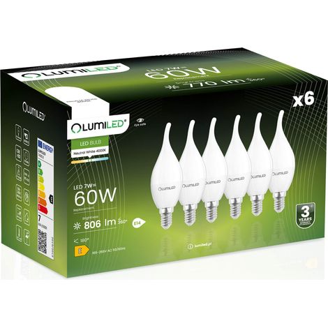 6 ampoules LED E14 bougie BA35 7W = 60W 806lm 4000K neutre 360° LUMILED