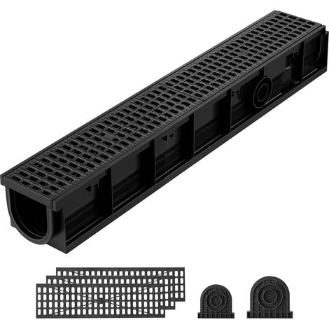 Caniveau de Drainage Linéaire Extérieur 1020x154x140 mm Lot de 3 PEHD, Caniveau avec Grilles et Embouts, Système de Drainage pour Allée, Terrasse, Piscine, Cour, Jardin, Trottoir et Garage, Noir (1/5)