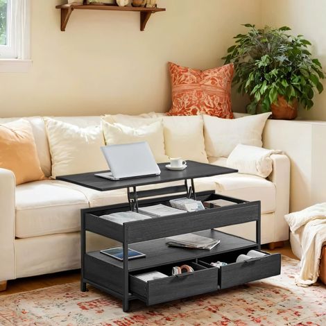 Table Basse Relevable avec Rangements Cachés, 2 Tiroirs, Centre de Salon, 100 cm, Gris (1/5)