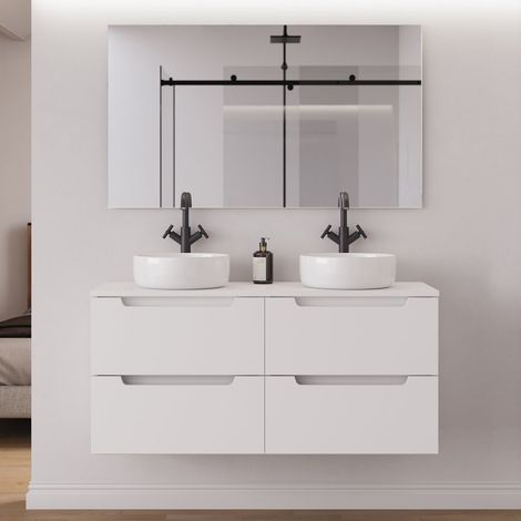 Meuble de salle de bain 120cm avec plateau et 2 vasques à poser rondes - 4 tiroirs - blanc mat - SONRIZA (1/5)
