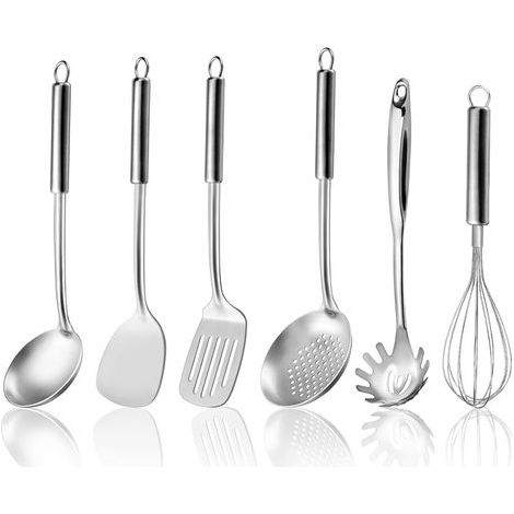 Ustensiles de Cuisine, 6 Pièces Ustensiles de Cuisine inox avec manche suspendu, spatule, tourneuse, louche à soupe, cuillère à fente, fouet, serveur de pâtes, lavable au lave-vaisselle (1/5)