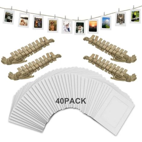 Lot de 40 cadres photo en papier blanc (10,2 x 15,2 cm) avec ficelle et pinces à linge pour bannière photo, affichage et déc - Blanc (1/4)