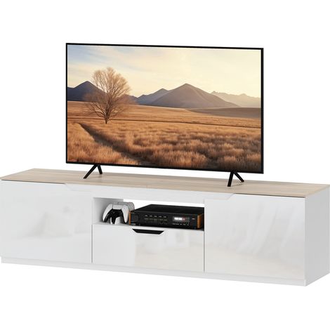Meuble TV bas, finition laquée brillante, pour téléviseurs jusqu'à 65 pouces, 3 compartiments, tiroir, 160 x 38 x 43 cm, bois naturel (1/5)