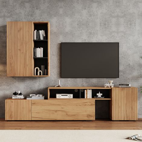 DESMIU Meuble TV avec armoire murale 3 portes 2 niches ouvertes pour salon, bois et noir (1/5)