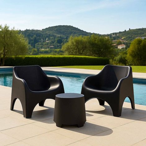 Dmora – Ensemble salon d'extérieur 2 places – Fauteuils confortables 79.5x81x76 cm – Table basse 46x40x38 cm – Structure en plastique gris anthracite