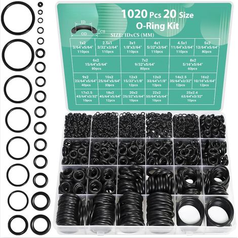 Kit assortimento di O-ring da 1020 pezzi, set di guarnizioni resistenti all'olio e al calore per riparazioni automobilistiche, rubinetti e tubi del gas. (1/5)