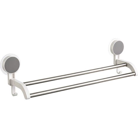 Organizador de baño todo en uno: estante de 2 niveles con toallero y ganchos - Potente sistema de fijación con ventosas, no requiere taladrar -Crezuo