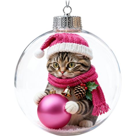 Boule à neige lumineuse transparente en acrylique, décoration de Noël à suspendre au sapin avec un adorable chat de dessin animé, cadeau idéal pour les fêtes. (1/5)