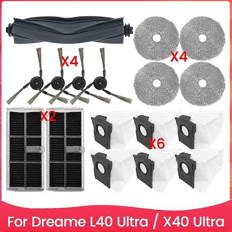 Pièces détachées pour aspirateur Dreame X40 Ultra/L40 Ultra/X40 Pro : brosse latérale principale, filtre HEPA, lingette de nettoyage et sac à poussière. (1/5)
