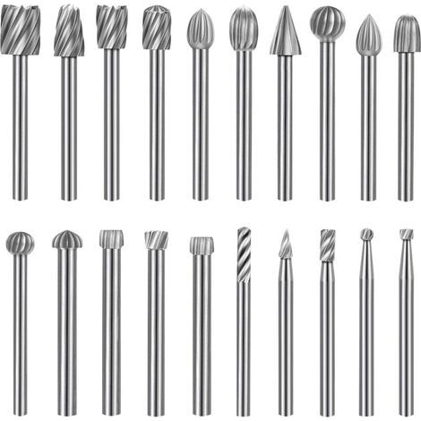 20 Pcs Fraises Rotatives,Jeu de Fraises en Carbure,HSS Burrs Rotatives Embouts Compatible avec Dremel,Tige 1/8''(3mm) Outil Rotatif Pour Meuleuse Travail du Bois, Polissage Métal, Gravure, Perçage (1/4)