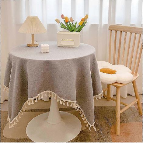 Nappe ronde en coton et lin avec franges lavable couleur unie pour la décoration de la cuisine et de la salle à manger - 60 x 90 cm - Gris (1/5)