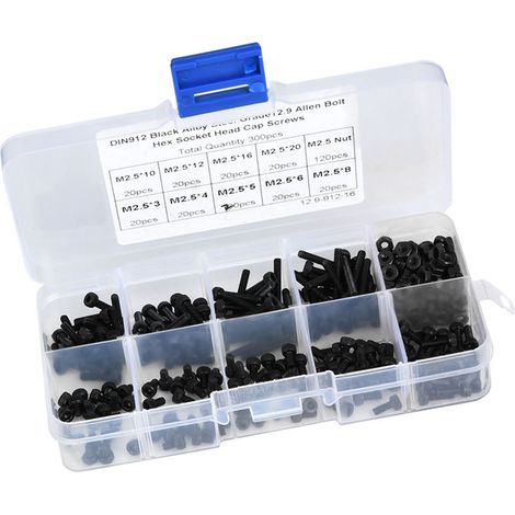 300 vis à tête hexagonale creuse M2,5 x 3-20 mm en acier allié noir de classe 12.9 avec écrou