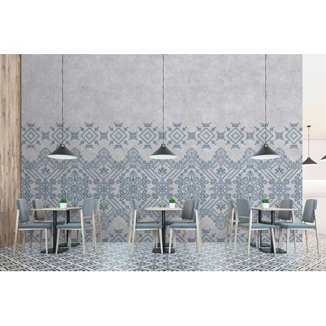 Papier peint panoramique béton avec motif | Tapisserie panoramique grise & bleu moderne salon | Papier peint panoramique scandinave chambre adulte - 270 x 400 cm (4 pièces) (1/5)