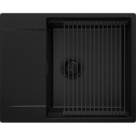 PRIMAGRAN Evier Cuisine en Granit 62x50cm, Lavabo 1 bac + Kit de Vidage + Égouttoir Enroulable, Évier à Encastrer au meuble 50cm - San Francisco, Tout Noir (1/5)