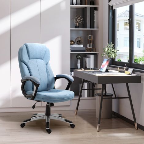 Fauteuil de bureau, fauteuil informatique, fauteuil pivotant réglable en hauteur, fonction bascule, avec appui-tête et accoudoirs rembourrés, ergonomique, bleu clair, lin, 66 x 75 x 110-120 cm (1/5)