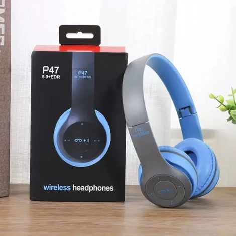Écouteurs Bluetooth sans fil (bleus) avec microphone HD, pliables, stéréo, adaptés au sport et aux jeux vidéo. (1/5)