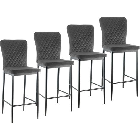 AINPECCA Bar Stools Set 4 Grey Velvet Breakfast Bar Chairs Counter Kitchen Island Black Metal Legs Footrest Base Dining Room Home Modern High Bar Chair Stools(Grey,4)