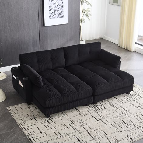 Sofá de 2 plazas de pana negro, modular, con 2 cojines, USB y 4 portavasos HAVRYA (1/5)