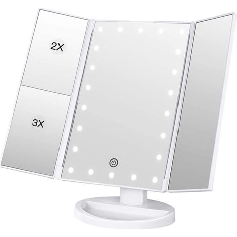 Miroir de Maquillage, 1x /2x/3x Miroir de Maquillage à Trois Volets avec 21 lumières LED et Miroir réglable à écran Tactile Miroirs de comptoir cosmétiques (Blanc) (1/4)