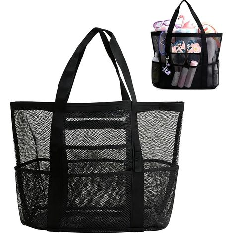 Mesh beach toy bag, large mesh beach toy bag, portable beach bag, black shower bag for camping, swimming pool, travel and vacation (1/5)