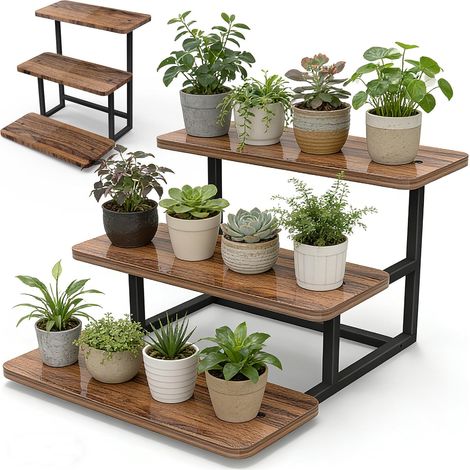 Support Plante en Métal Bois, 3 Étagen Meuble Porte Plante pour Plusieurs Plantes, Support Pot de Fleur le Balcon du Jardin, Salon, Bureau, Intérieure, Extérieur (1/5)