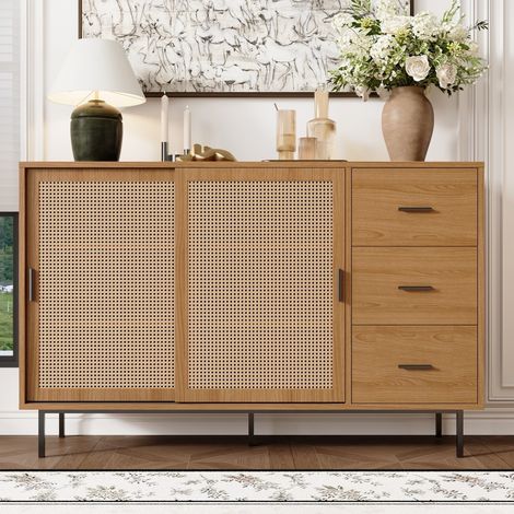 Credenza 140x37x91 cm Stile Campagna - 2 ante scorrevoli in rattan e 3 cassetti - Soggiorno Sala da Pranzo - Naturale