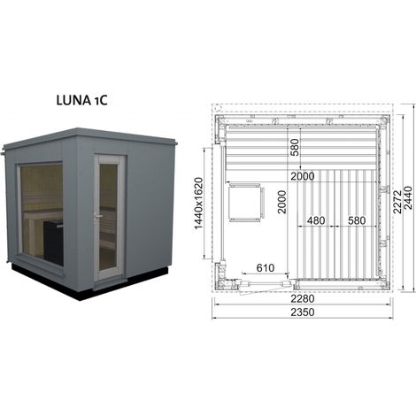 Infraworld Luna 1 Außensauna mit HPL-Platten Anthrazit versch. Fenstergrößen und Inneneinrichtung Luna 1C - Panorama-Fenster (BxH): 1440 x 1620 mm, Türe versetzt, 3 Liegen (1/5)