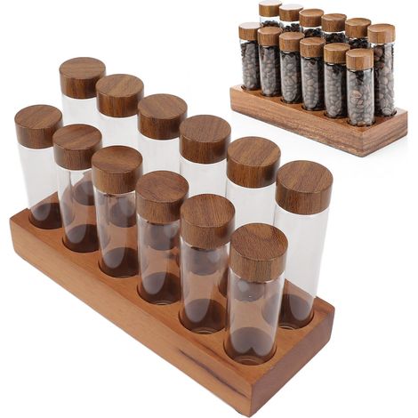 Kaffeebohnen-Präsentationsständer mit Walnusssockel, Präsentationsflasche für Glasreagenzgläser, Dekoration für Café oder Bar, doppelte Reihe mit 12 Löchern (1/5)