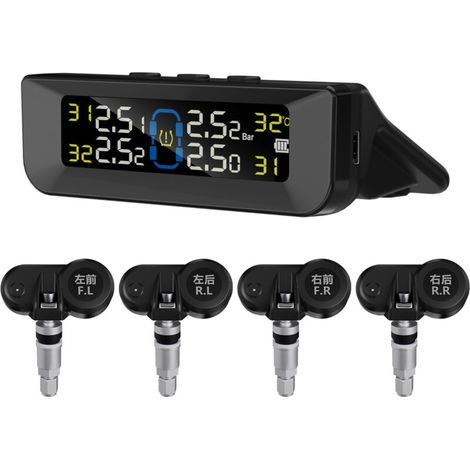 LIFCAUSAL Système de surveillance de pression pneumatique sans fil solaire Écran LCD intégré, alerte vocale, 6 modes d'alarme, 4 capteurs internes et affichage temps réel pour véhicules (1/5)