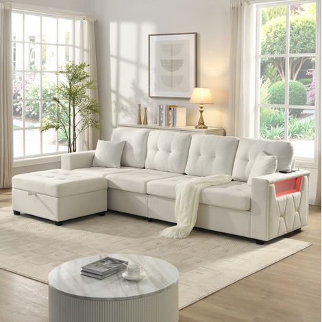 Divano modulare a L 253 cm, pouf spostabile con vano portaoggetti, porta USB e Type-C, tessuto beige (1/5)