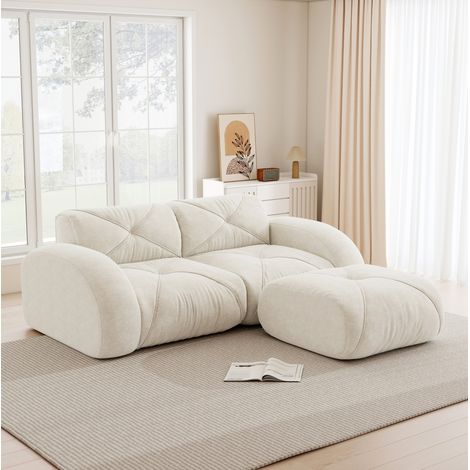 Canapé 2 places modulaire en chenille blanche avec pouf, design sans cadre (1/5)