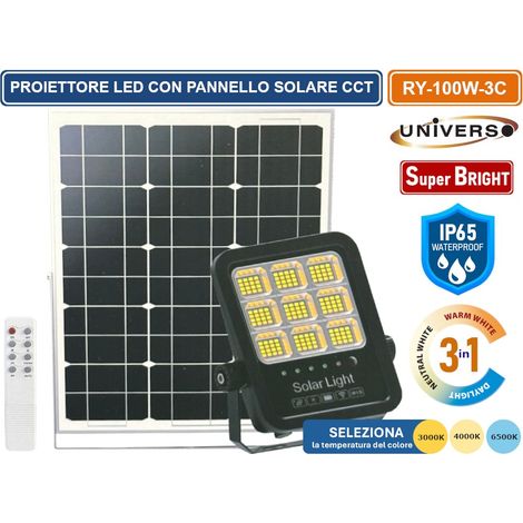 UNIVERSO RY-100W-3C FARO LED FLOODLIGHT 1100 LUMEN IP65 TEMPERATURA COLORE SELEZIONABILE CCT 3IN1 3000K 4000K 6500K CON PANNELLO SOLARE E TELECOMANDO (1/2)