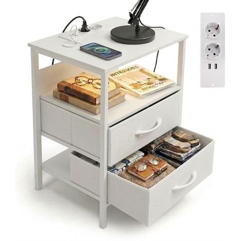 Tavolino Relaxdays con LED, prese di corrente e USB, 2 cassetti, HxLxP: 60 x 40 x 30 cm, comodino, bianco