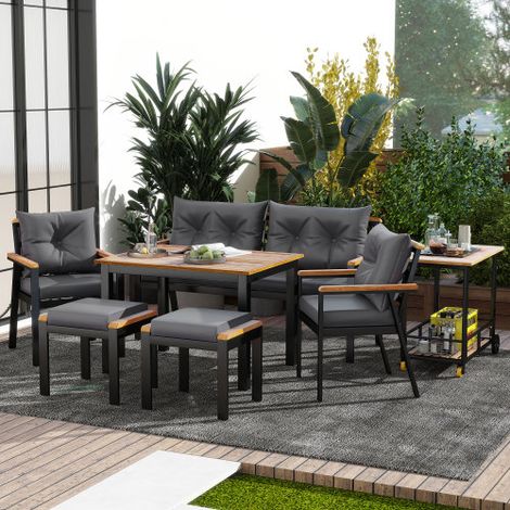 Esstisch- und Stuhlset aus Akazienholz, Gartenmöbel, 6-7-Sitzer-Garten-Esstisch- und Stuhlset mit Sesseln und abnehmbarem Esswagen, abnehmbarer und waschbarer Stoffbezug