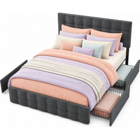 Lit coffre 140x200 avec 4 tiroirs, tête de lit réglable, matelas inclus, structure en métal et tissu gris, rangement pratique pour chambre – CHICFURN (1/5)