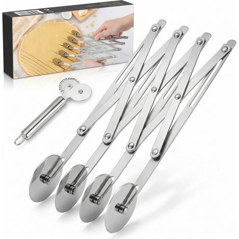 Coupe-pâte 5 roues inox extensible, pour pizza, pâtes, biscuits et raviolis. Réglable en largeur, coupe nette, outil indispensable en cuisine et pâtisserie. (1/5)