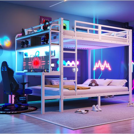 Cama litera infantil con escritorio y LED blanca HAVRYA (1/5)