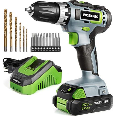 – Perceuse-visseuse sans fil 20V avec 2 batteries 2.0Ah – Mandrin 10mm – Couple 18+1 – Charge rapide 60 min – 16 accessoires inclus (1/5)