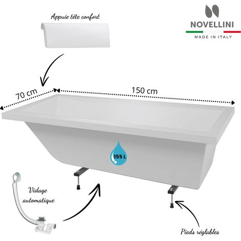 Novellini – Pack baignoire rectangulaire 150 x 70 cm – Acrylique haute qualité – Repose-tête inclus – Système de vidage automatique – Pieds réglables