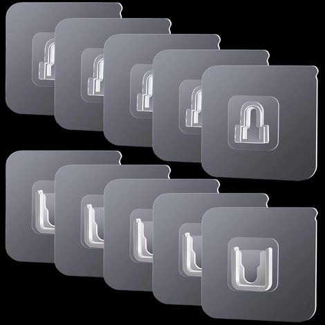 Lot de 10 crochets adhésifs double face multifonction sans perçage pour cuisine, salle de bain, salon, bureau (transparent) (1/5)