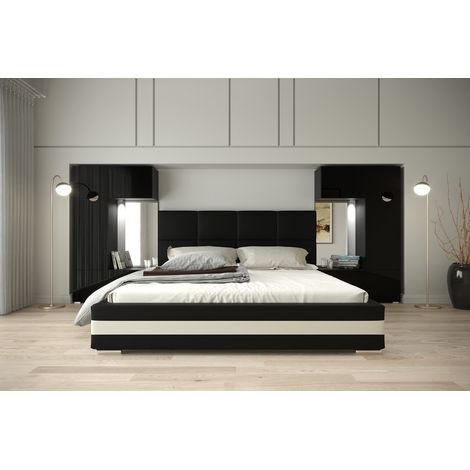 Tête de lit Armoire - pont de lit PANAMA 1/21B/HG1 noir/noir brillant 345-385x159cm