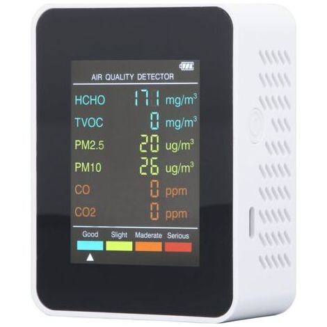 Moniteur de qualité de l'air portable avec écran LCD rétroéclairé, détecteur CO2 TVOC HCHO PM2.5 PM10 avec alarme, blanc,de dyk. (1/4)