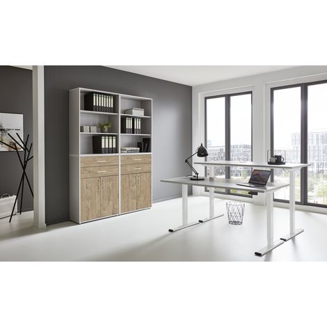 BMG Möbel Büromöbel-Set, e-Office Edition Set 20, Schreibtisch höhenverstellbar, 138 cm, grau/ gold harbor oak