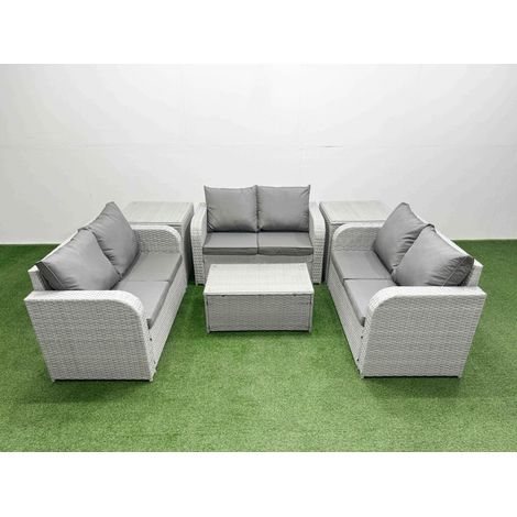 Fimous 7 Seater PE Wicker Rattan Furniture Sofa Sets with Rectangular Coffee Table 2 Seater Love Sofa Big Footstool Side Table Light Grey (1/4)