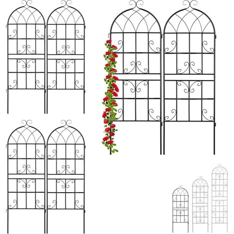 Set de 6 Soportes Plantas Metálicos, con Estacas, Enrejado para Trepadoras, 150 x 50 cm, Jardín, Negro