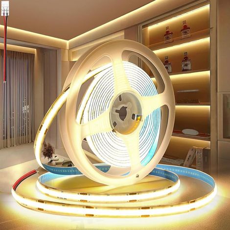 Ruban LED COB 12V, 5M bande LED COB Blanc Chaud 3000K Découpable Flexible 320LED/M, CRI90, pour Chambre, Décoration de la Maison (Sans Alimentation) [Classe énergétique D] (1/5)