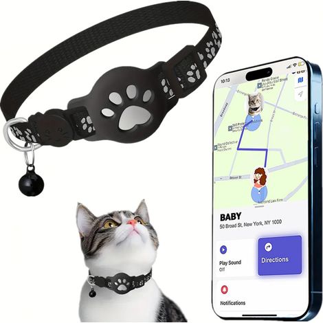 Collar GPS para gatos, localizador en tiempo real con collar reflectante y cascabel, localizador para mascotas resistente al agua (compatible solo con iOS) — Negro A (1/5)