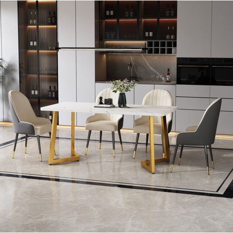 Table à manger 117x68x75 cm blanc doré en MDF effet marbre avec pieds en fer (1/5)