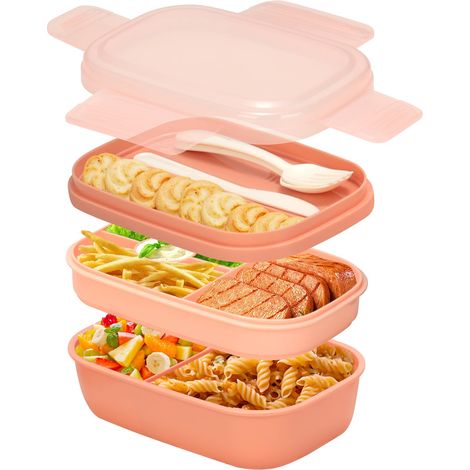 Lunch Box pour Adultes, 1900ML Boite Repas avec Compartiments et Couverts, 3 Étages Bento Box, Sans BPA, Anti-Fuite, Micro Ondes, Rose (1/5)