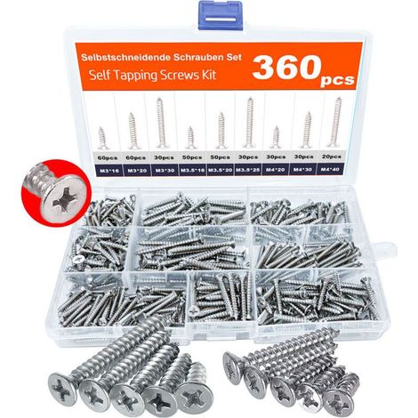 Lot de 360 vis à bois autotaraudeuses, M3, M3.5, M4, 16 mm à 40 mm, avec boîte de rangement en PP, pour fenêtres, terrasses, toitures, clôtures (1/4)